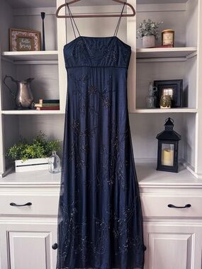 Y2K/Vintage Navy Beaded Maxi Dress with Spaghetti Straps and Empire Waistline